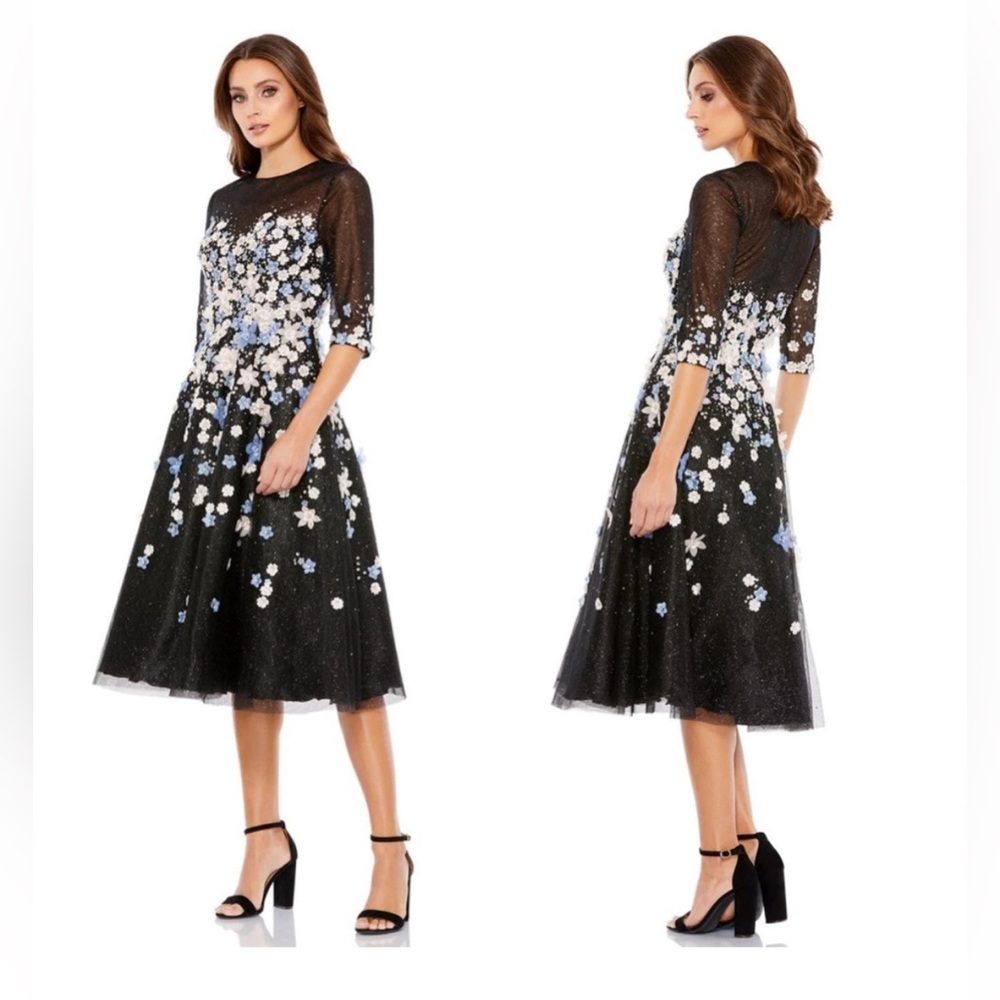 Black Floral Embroidered A-Line Tea-Length Cocktail Dress NWT